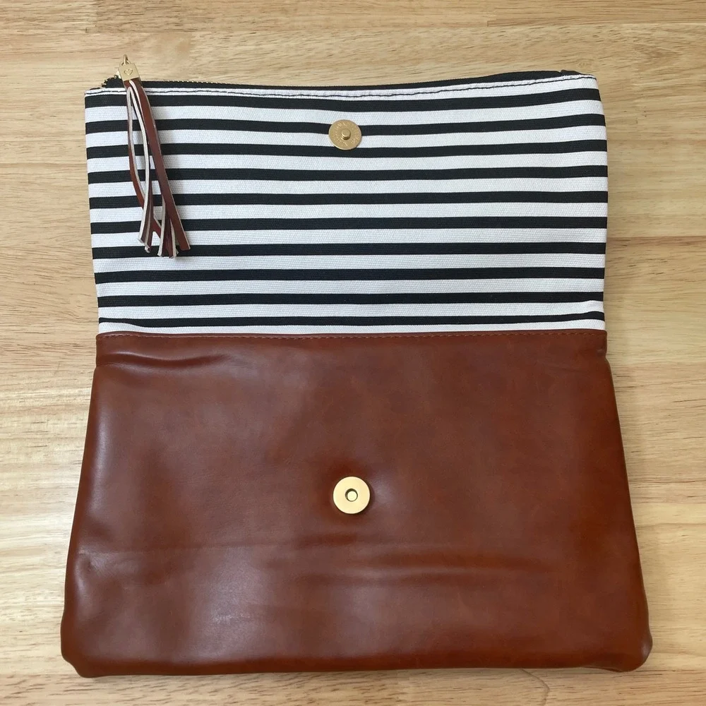 Funky Monkey Striped Canvas Brown Faux‎ Leather Foldover Clutch Tassel